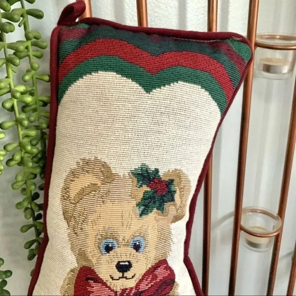 Vintage Christmas Bear Tapestry Stocking Throw Pillow Holiday Decor Gift Idea
